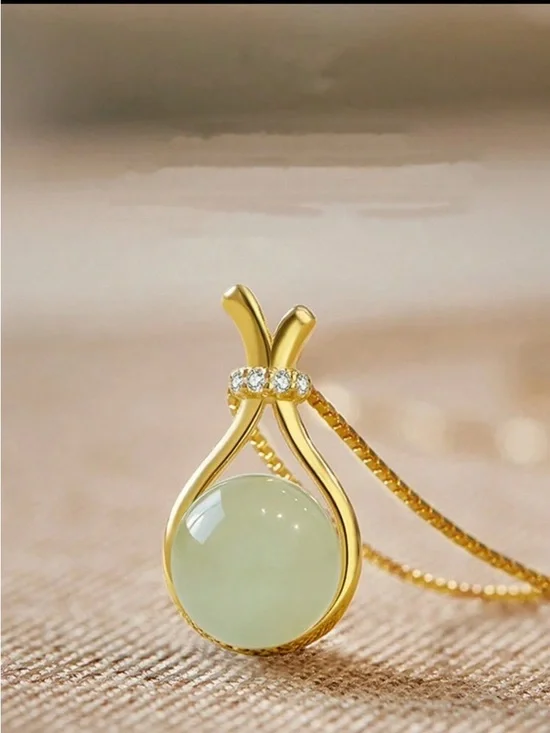 Gold Jade Pendant Necklace with Clear Crystal Accent - Green R 430 - Picture 2 of 5